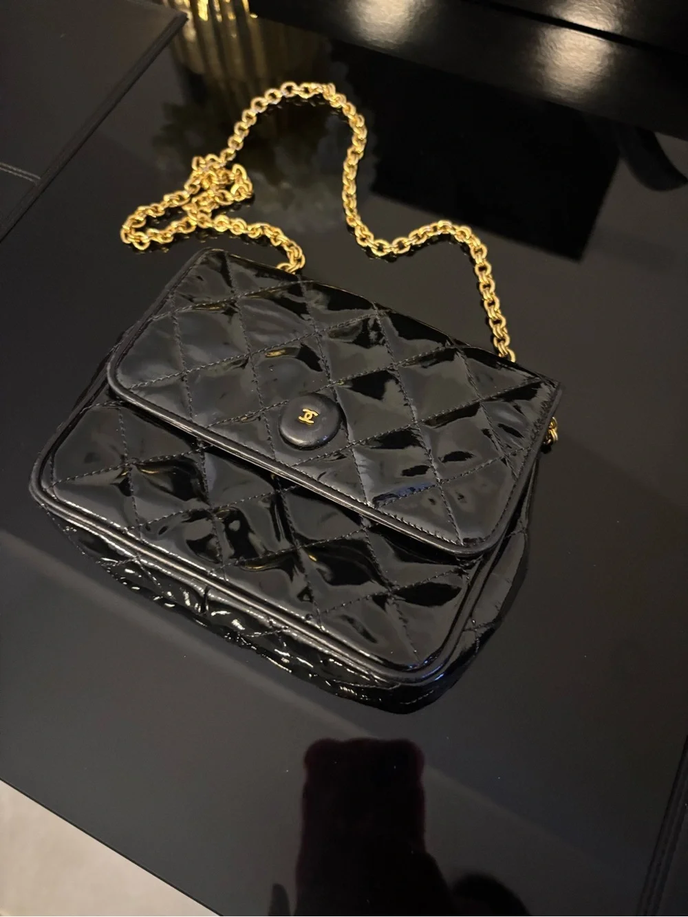 CHANEL Black Patent Quilted Crossbody with Gold Chain